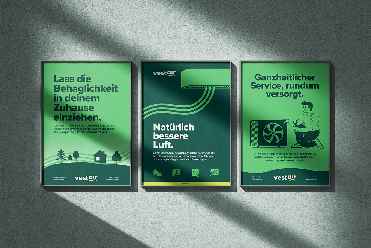 Drei Vestair-Plakate auf denen unterschiedliche Illustrationen und Claims zu sehen sind in Dunkelgrün und Hellgrün