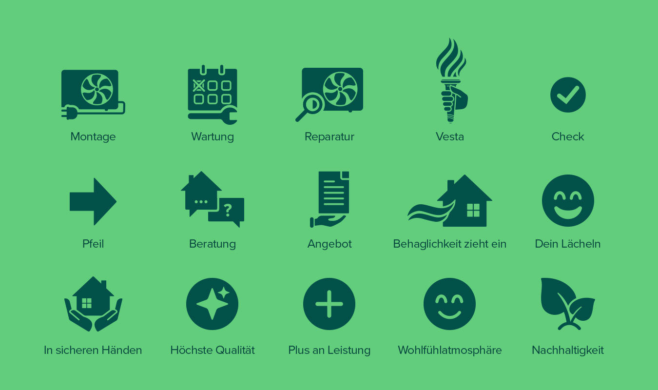 Eine Übersicht aller Vestair-Icons in Dunkelgrün vor hellgrünem Hintergrund