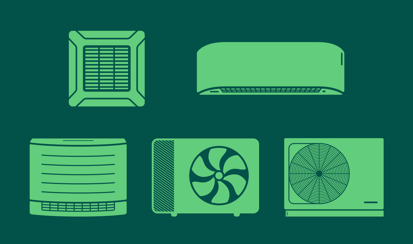 Eine Übersicht von Vestair-Illustrationen, die verschiedene Klimaanlagen und Wärmpumpen-Geräte zeigen