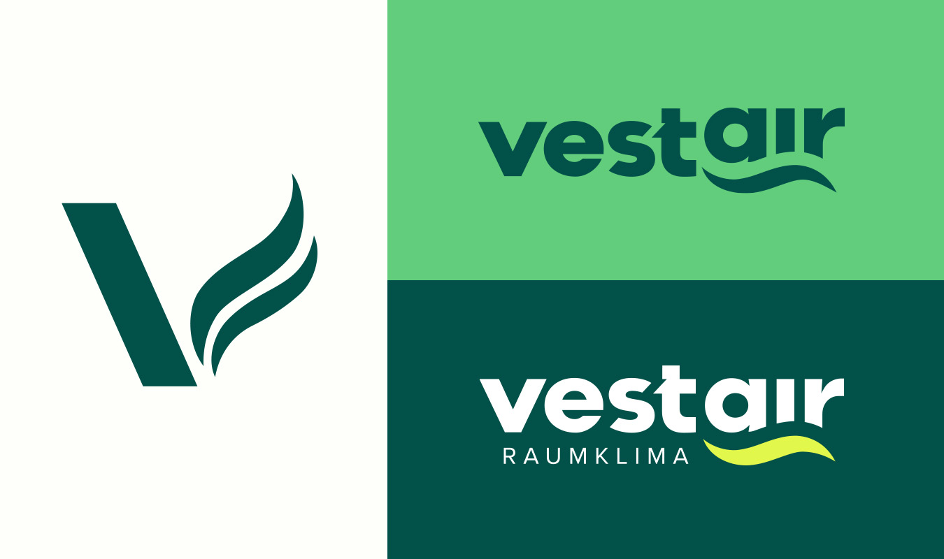 Drei Varianten des Vestair-Logos - Die Bildmarke in Dunkelgrün und die Wortmarke einmal in Dunkelgrün und einmal in Weiss