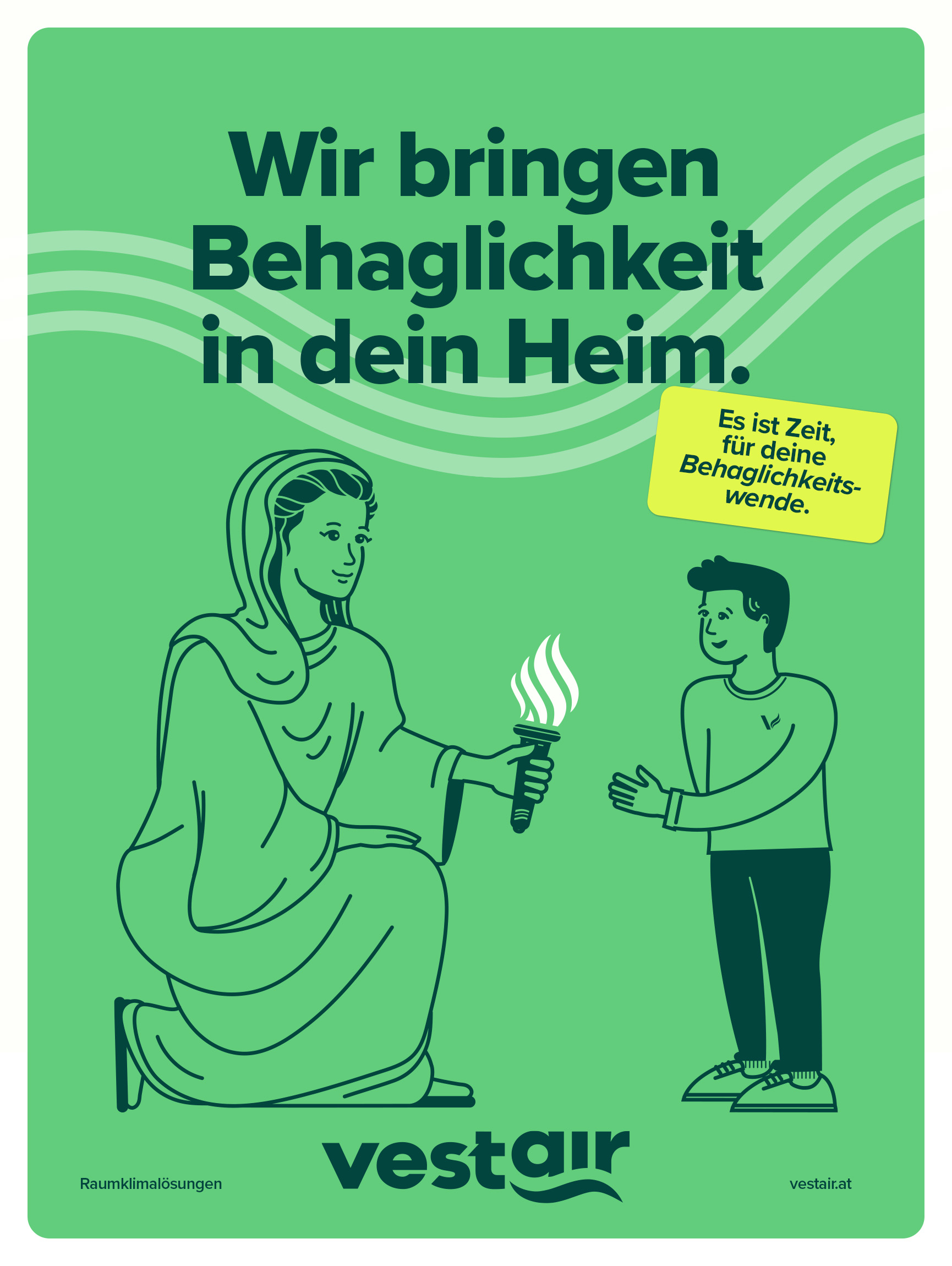 Ein Vestair-Plakat, das eine illustrierte Göttin Vesta zeigt, wie sie ihre Fackel an einen illustrierten Vestairmitarbeiter weitergibt