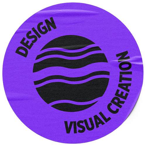 Violetterer Sticker auf dem ein Planet zu sehen ist und die Worte Design Visual Creation