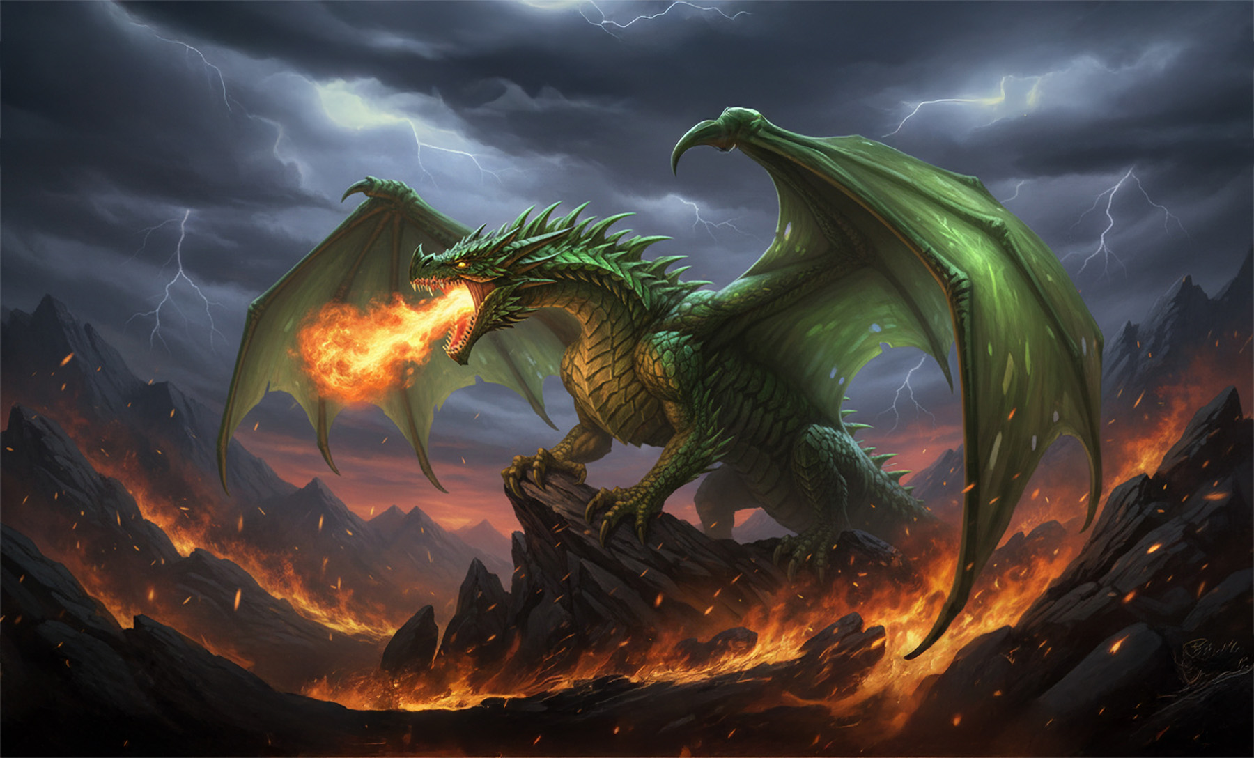 Ein grüner, feuerspeiender Drache auf einem brennenden Berg mit gespreizten Flügeln