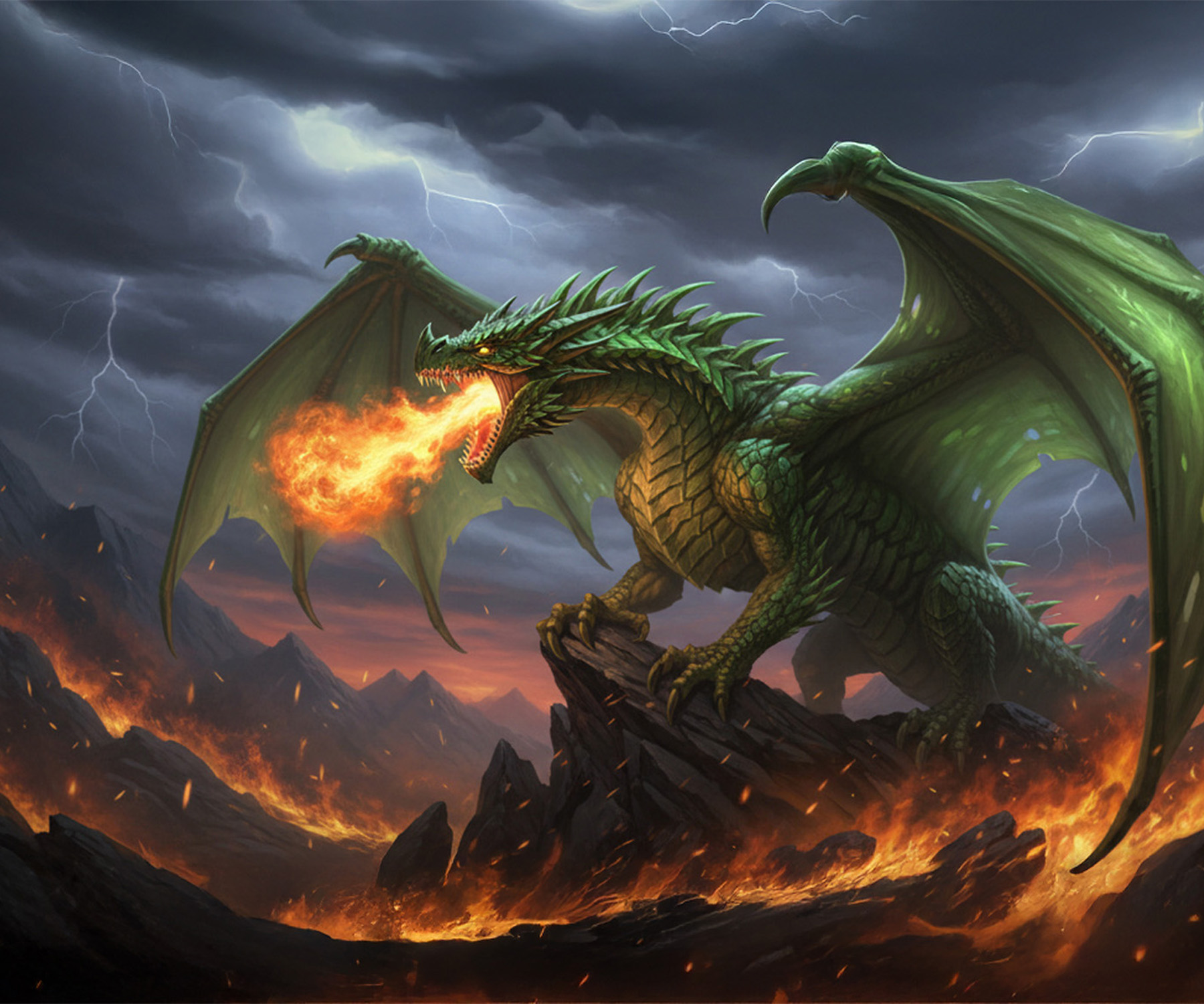 Ein grüner, feuerspeiender Drache auf einem brennenden Berg mit gespreizten Flügeln