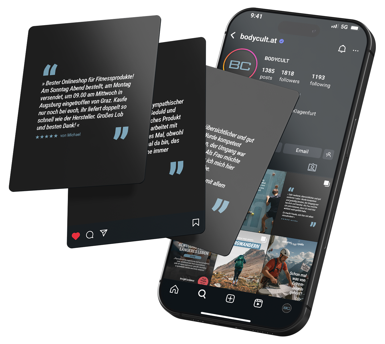 Ein Mock Up auf dem ein Smartphone zu sehen ist, das verschiedene Posts des Bodycult-Instagram-Profils zeigt