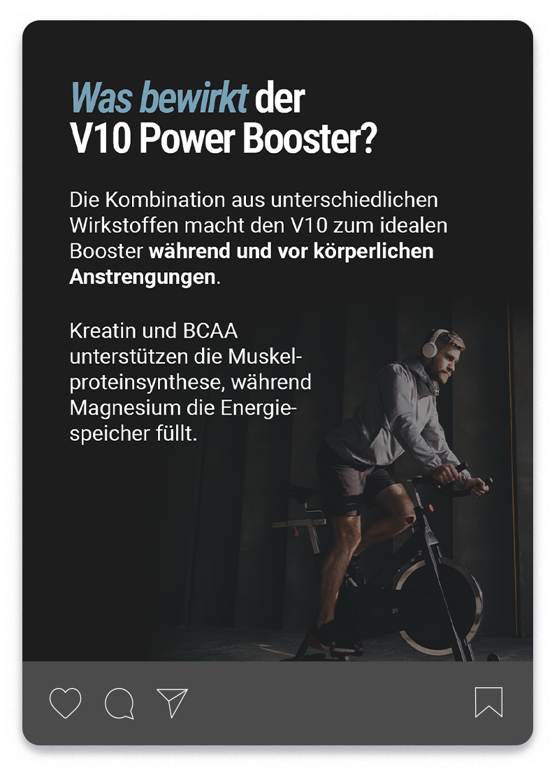 Ein Instagram-Post der Serie BC Nutrition-Produktvorstellungen, das den V10 Power Booster vorstellt