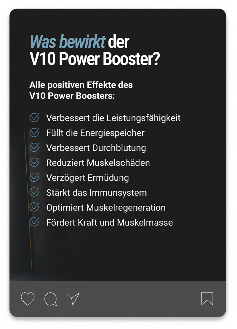 Ein Instagram-Post der Serie BC Nutrition-Produktvorstellungen, das den V10 Power Booster vorstellt