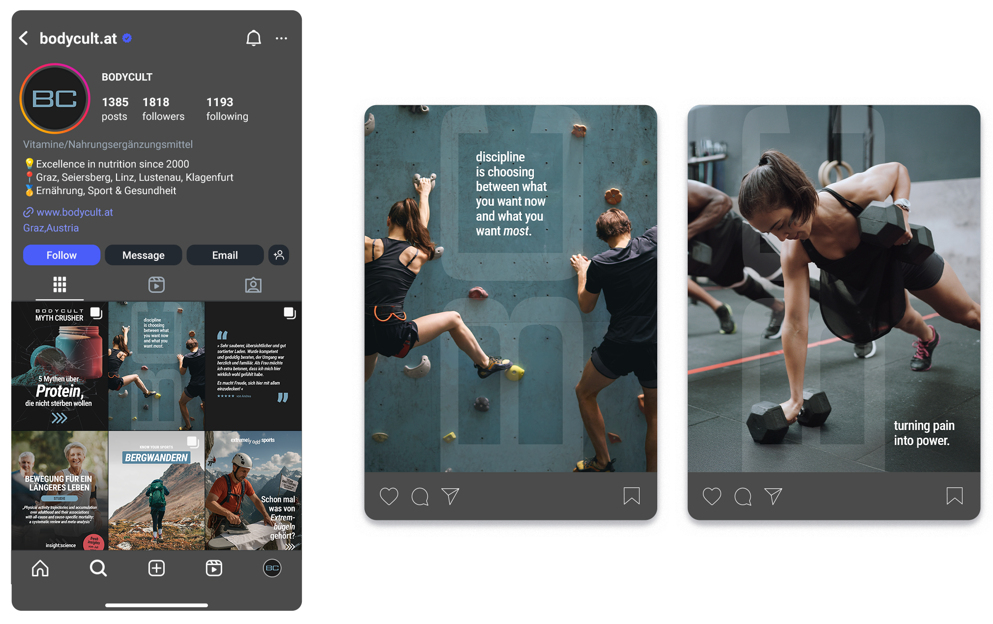 Ein Mock Up auf dem ein Smartphone zu sehen ist, das verschiedene Posts des Bodycult-Instagram-Profils zeigt