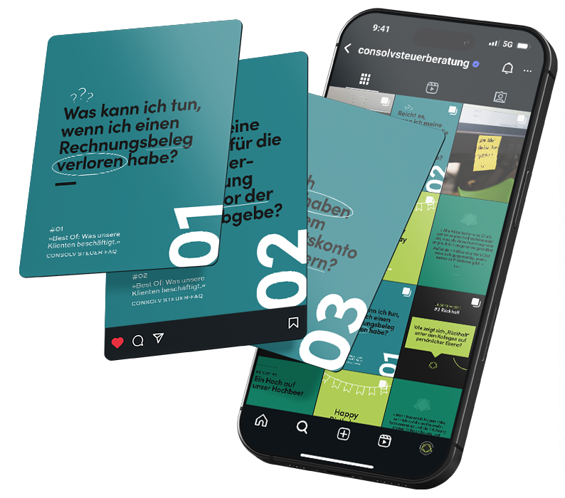Ein Smartphone und viele Bilder von Instagram Posts der Marke Consolv