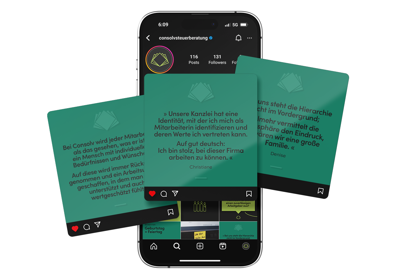 Smartphone mit Beispielposts vom Consolv Instagram-Account mit Rezensionen der Mitarbeiter