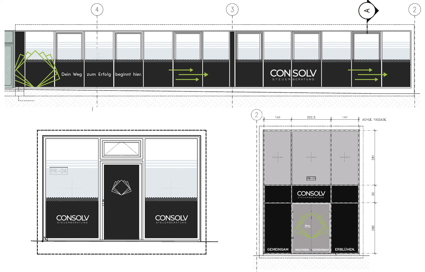 Das entwickelte Design für die Folierung der Glasfassade einer Conoslv-Kanzlei bestehend aus schwarzem Sichtschutz und einfachen Brandelementen wie Logo, Claims