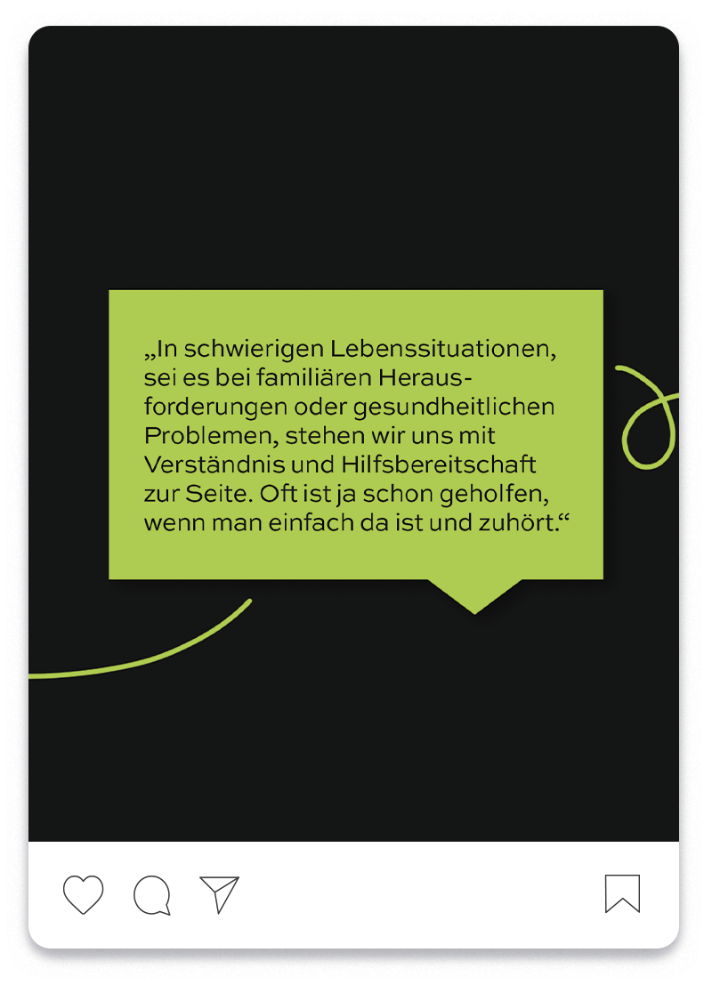Consolv Social Media Post, der vom Markenwert Rückhalt handelt - eine grüne Sprechblase mit einer Antwort darin