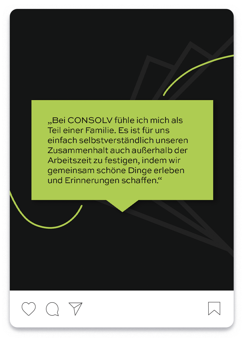 Consolv Social Media Post, der vom Markenwert Rückhalt handelt - eine grüne Sprechblase mit einer Antwort darin