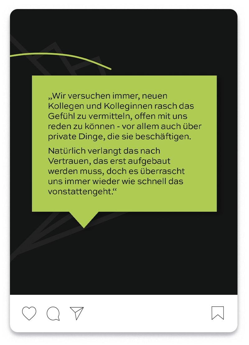 Consolv Social Media Post, der vom Markenwert Rückhalt handelt - eine grüne Sprechblase mit einer Antwort darin