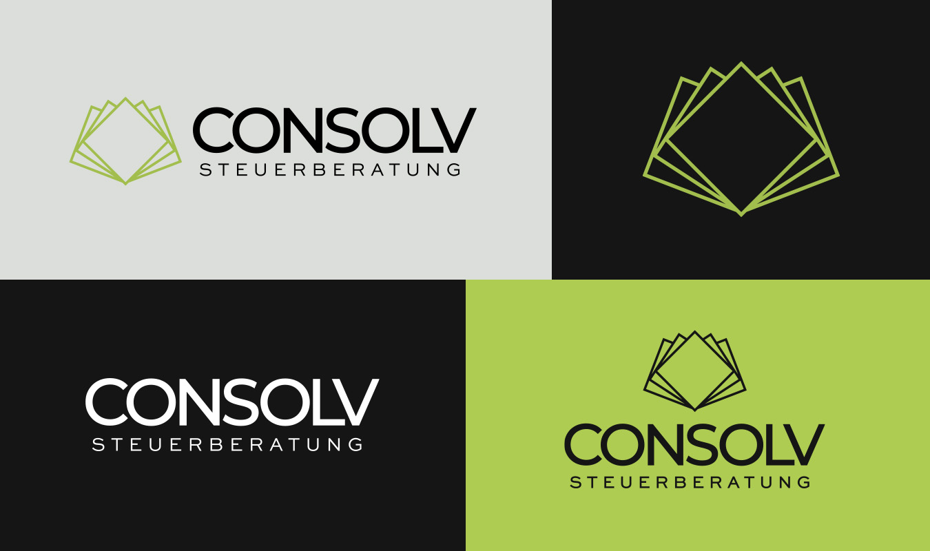 Vier Varianten des Consolv-Logos - Die Bildmarke in Hellgrün, die Wortmarke in Weiß und die Kombination auf grünem und weißem Hintergrund