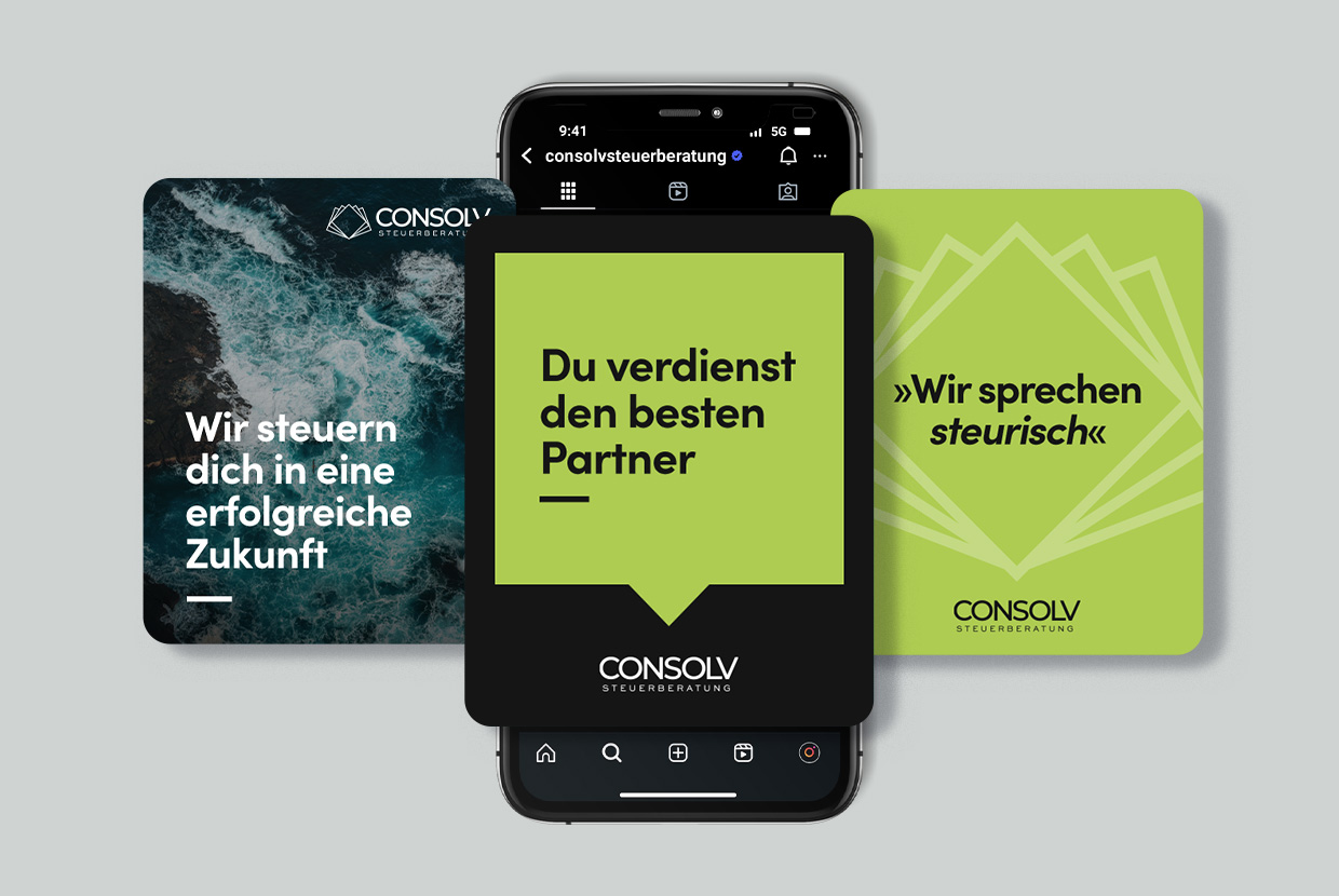 Ein Smartphone umgeben von Bilder von Consolv-Social-Media-Posts auf denen Claims stehen