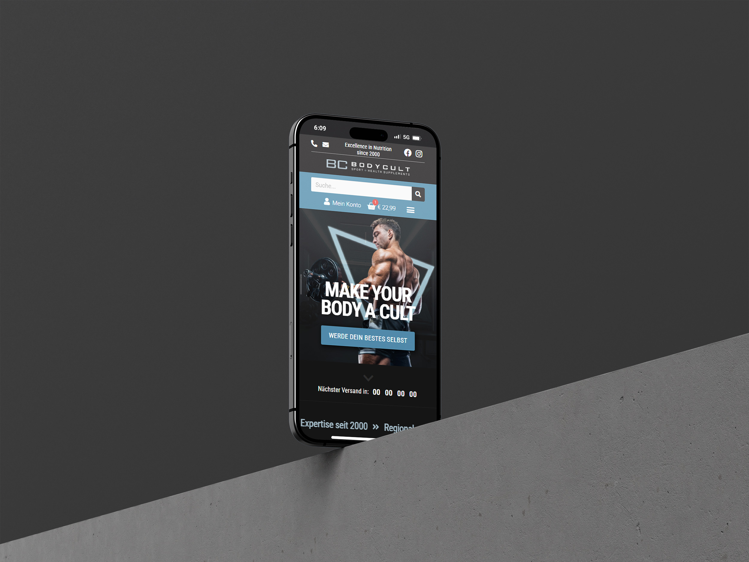 Die mobile Ansicht der Startseite des Bodycult Webshops auf einem Smartphone