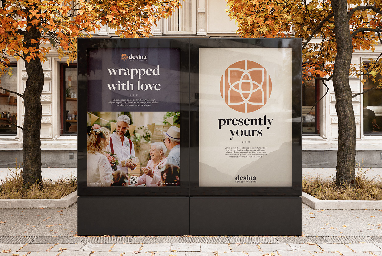 Antares Advertising - Projekt Desina - Mockup zeigt zwei Citylights in der Innenstadt vor Laubbäumen.