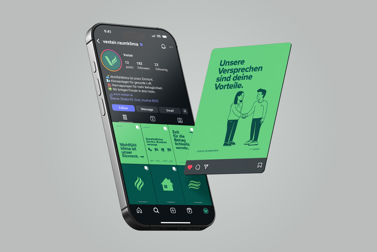 Ein Smartphone, das das Vestair-Instagram-Profil zeigt und einen der Posts hervorhebt