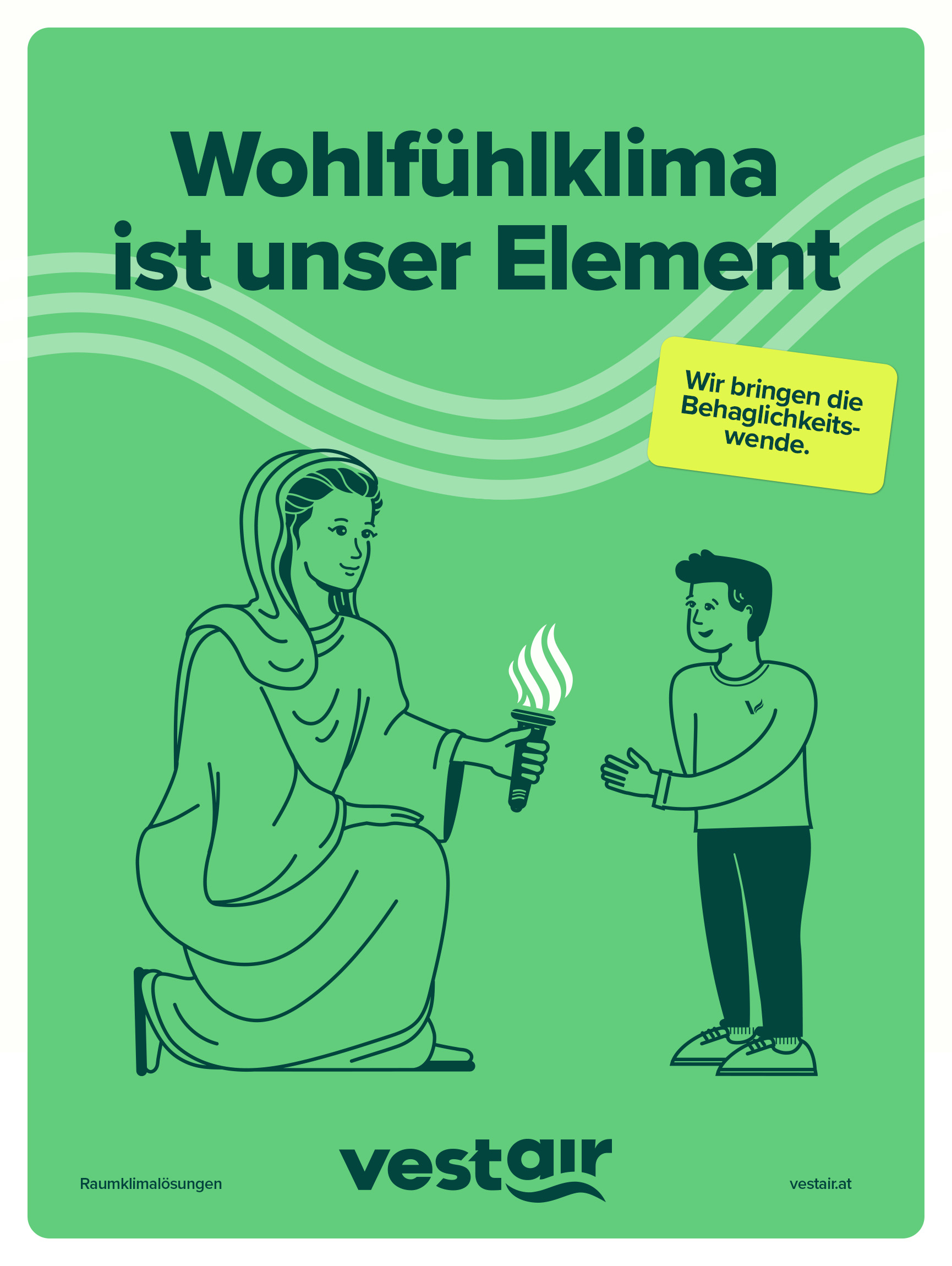 Ein Vestair-Plakat, das eine illustrierte Göttin Vesta zeigt, wie sie ihre Fackel an einen illustrierten Vestairmitarbeiter weitergibt
