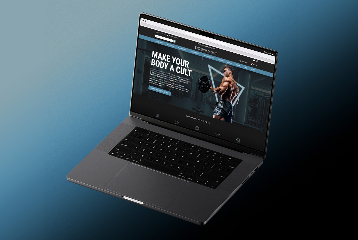Mockup zeigt einen aufgeklappten Laptop der vor einem Farbverlauf-Hintergrund schwebt und den Headerbereich des Bodycult-Webshops zeigt