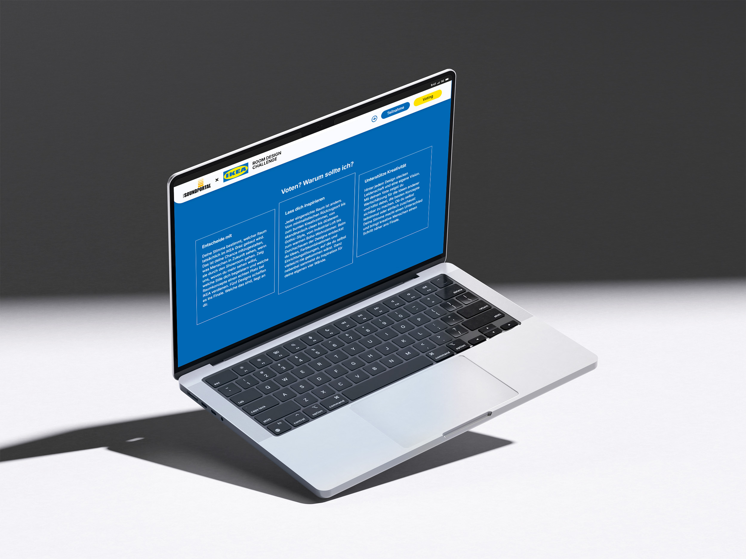 antares-advertising-referenzen-projekt-ikeaxsoundportal-mockup-laptop-auf-weissem-tisch-vor-grauem-hintergrund-zeigt-teil-der-landingpage-votingseite-anreize
