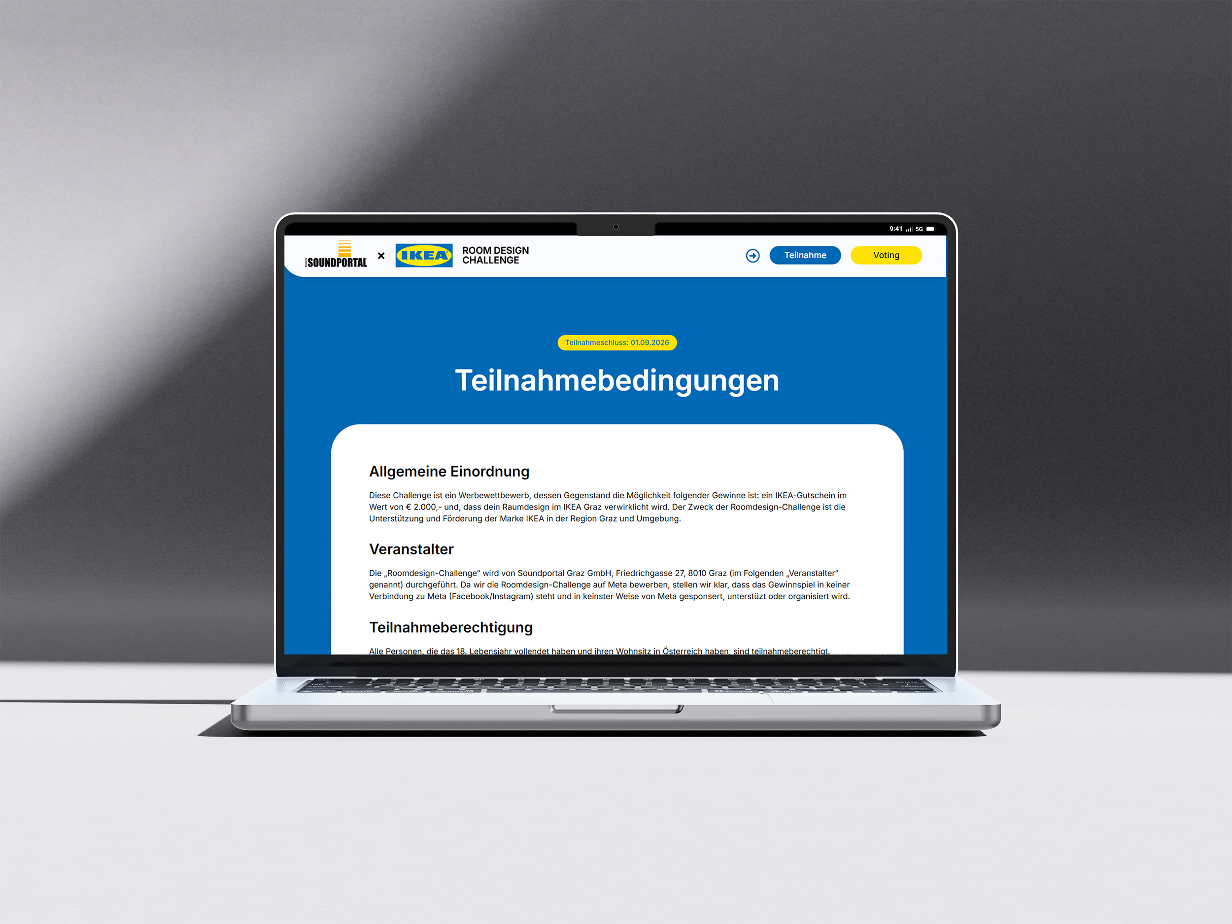 antares-advertising-referenzen-projekt-ikeaxsoundportal-mockup-laptop-auf-weissem-tisch-vor-grauem-hintergrund-zeigt-unterseite-teilnahmebedingungen