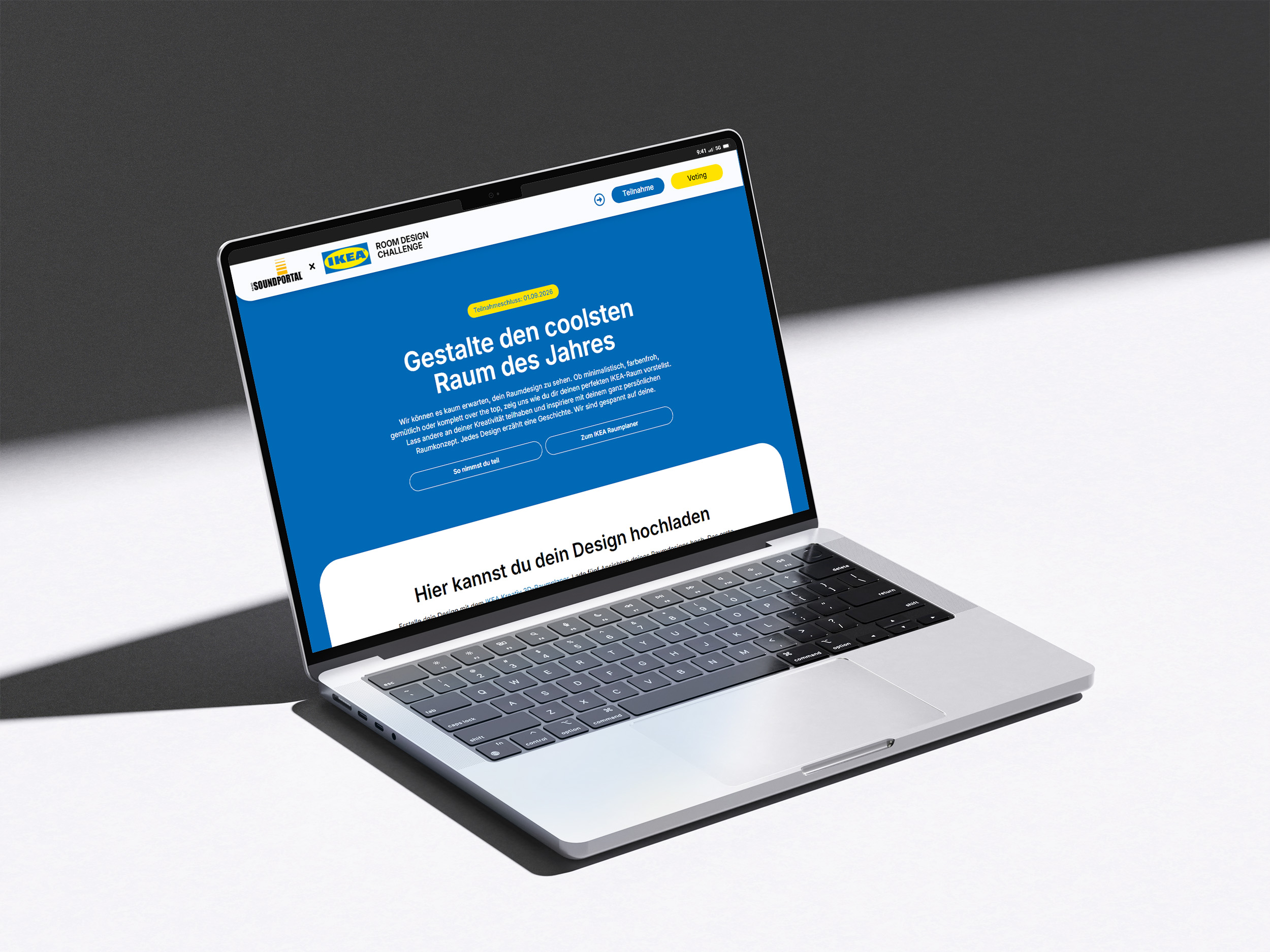 antares-advertising-referenzen-projekt-ikeaxsoundportal-mockup-laptop-auf-weisser-flaeche-zeigt-header-der-landingpage-teilnahmeseite
