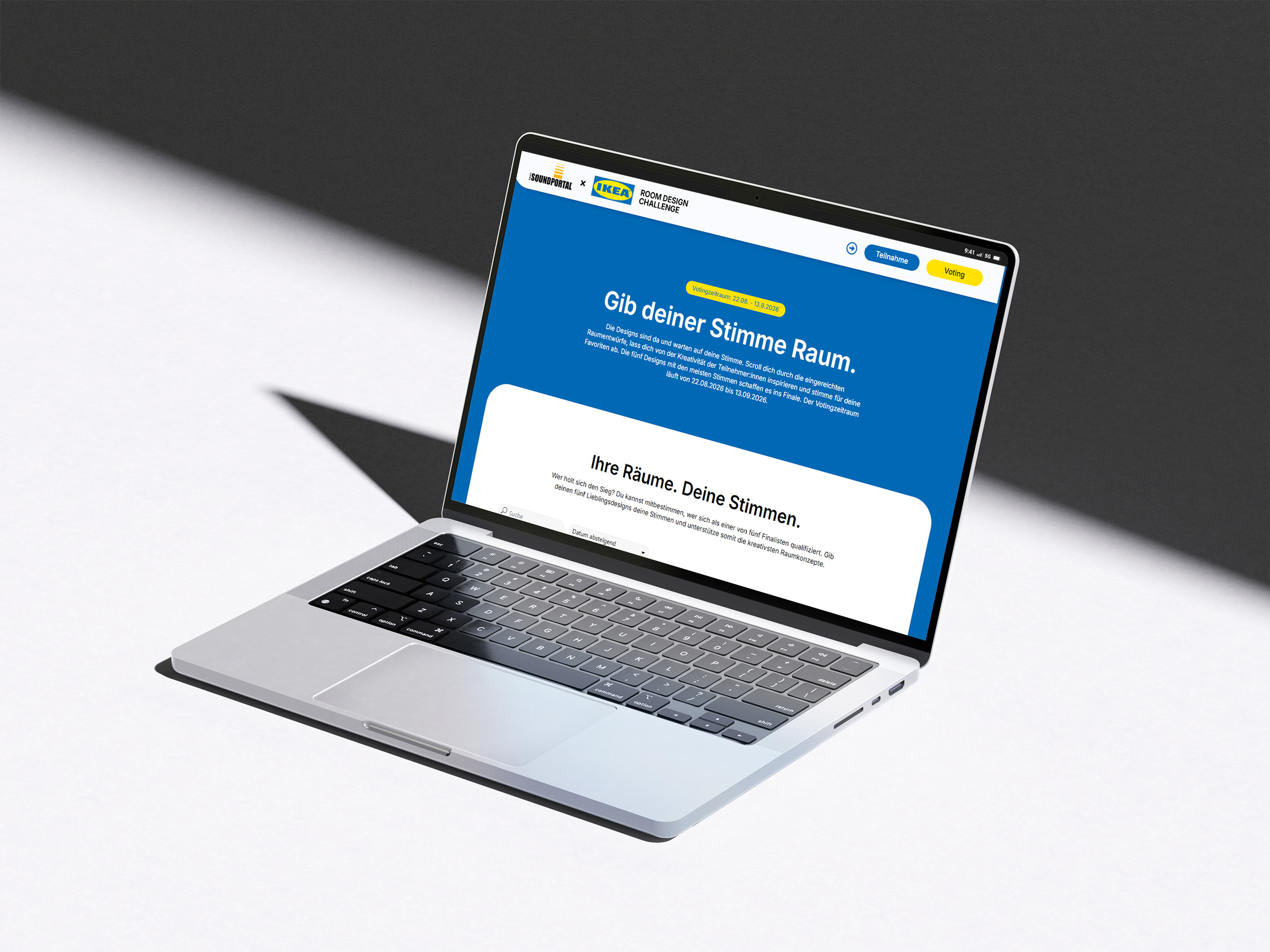 antares-advertising-referenzen-projekt-ikeaxsoundportal-mockup-laptop-auf-weisser-flaeche-zeigt-header-der-landingpage-votingseite