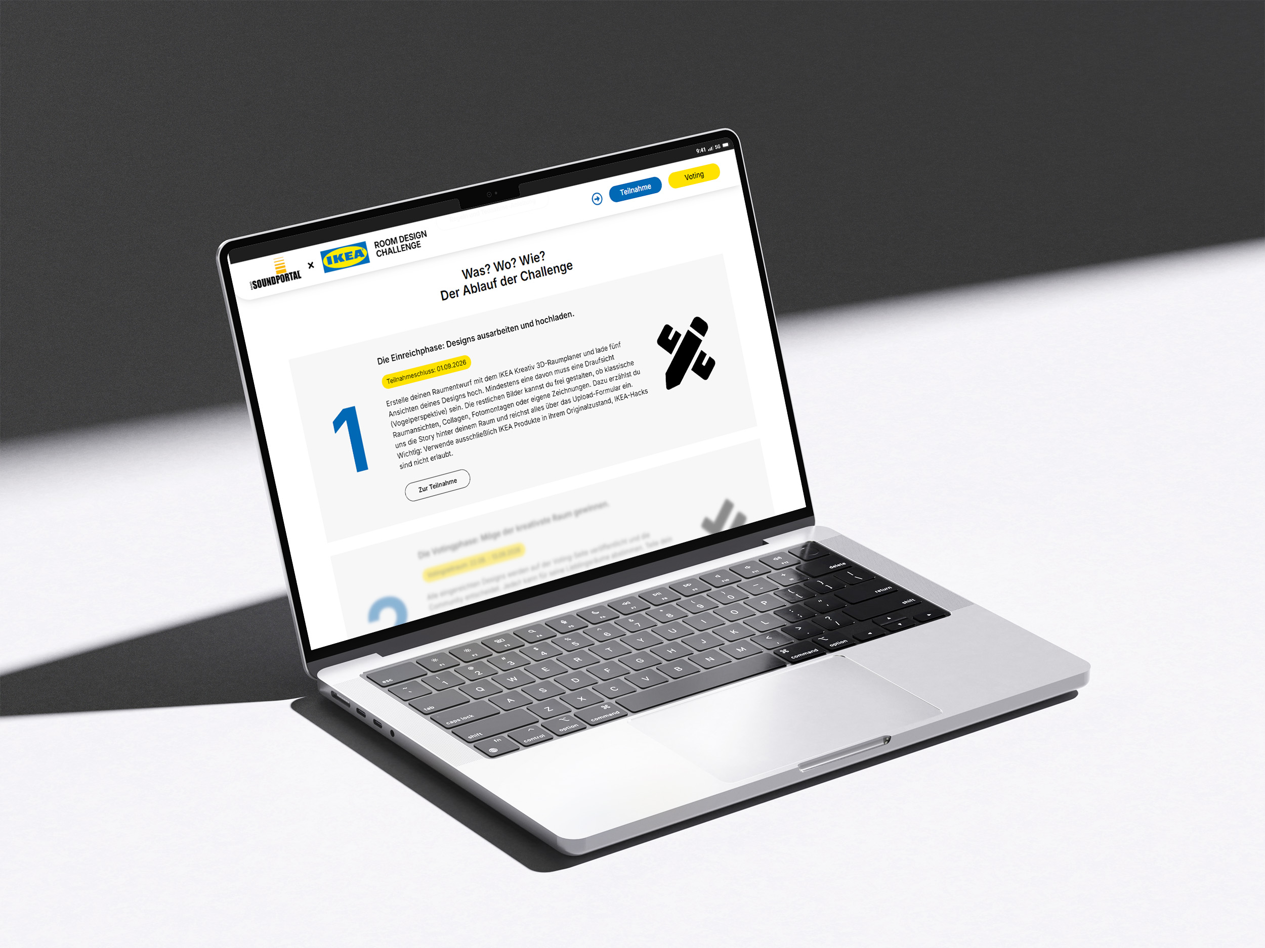 antares-advertising-referenzen-projekt-ikeaxsoundportal-mockup-laptop-auf-weisser-flaeche-zeigt-teil-der-landingpage-startseite-ablauf