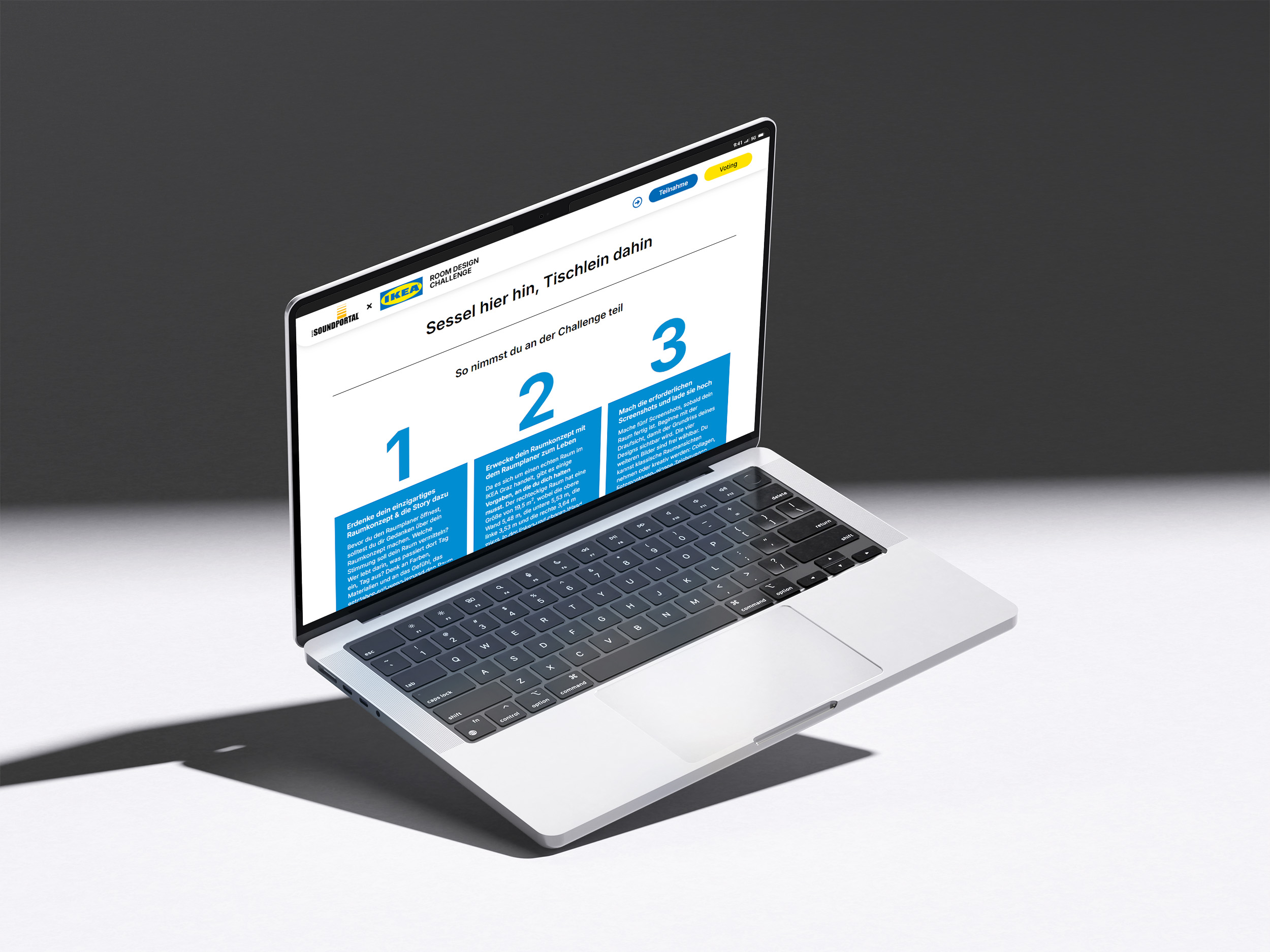 antares-advertising-referenzen-projekt-ikeaxsoundportal-mockup-laptop-auf-weisser-flaeche-zeigt-teil-der-landingpage-teilnahmeseite-anleitung