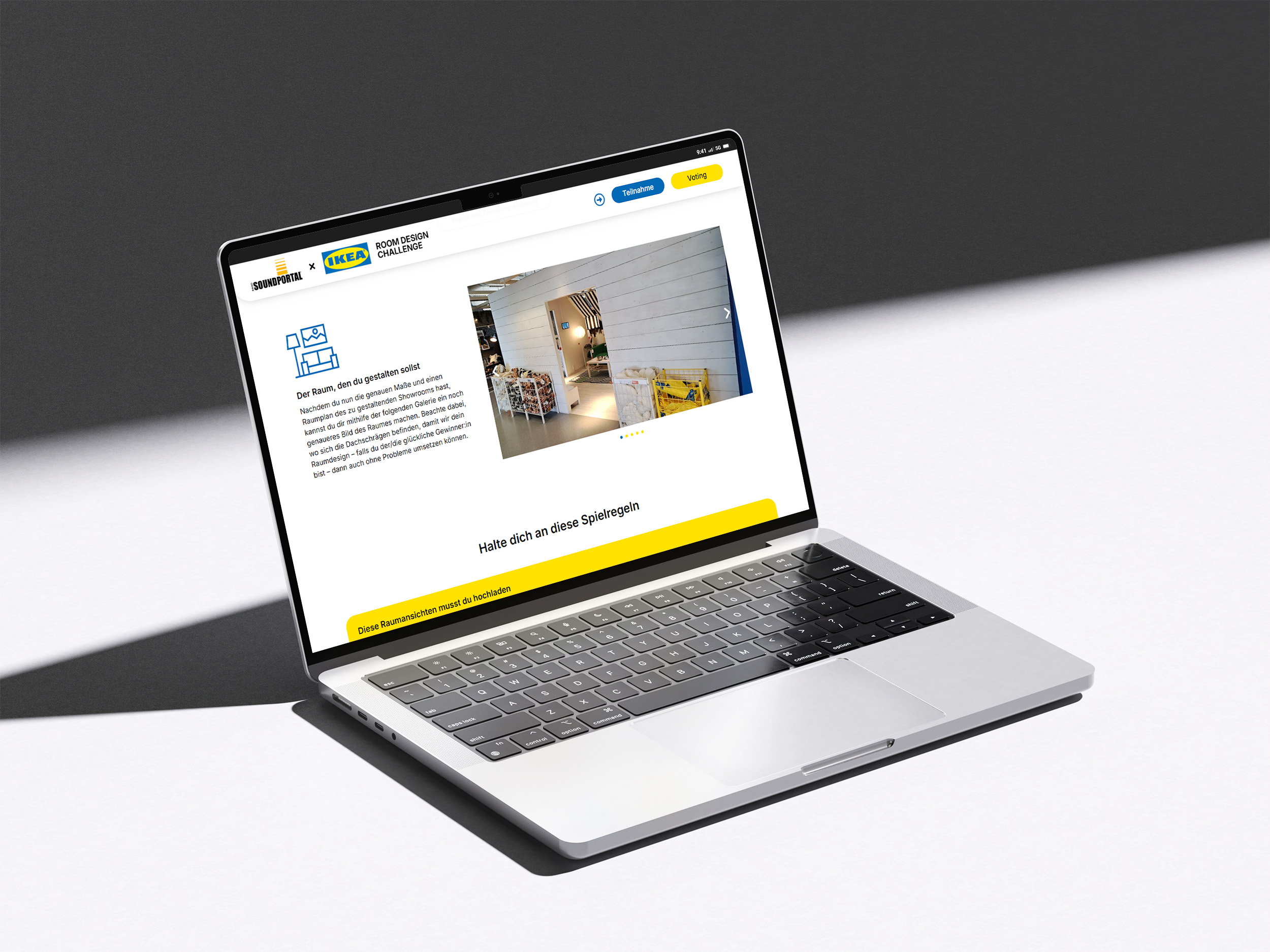 antares-advertising-referenzen-projekt-ikeaxsoundportal-mockup-laptop-auf-weisser-flaeche-zeigt-teil-der-landingpage-teilnahmeseite-showroom