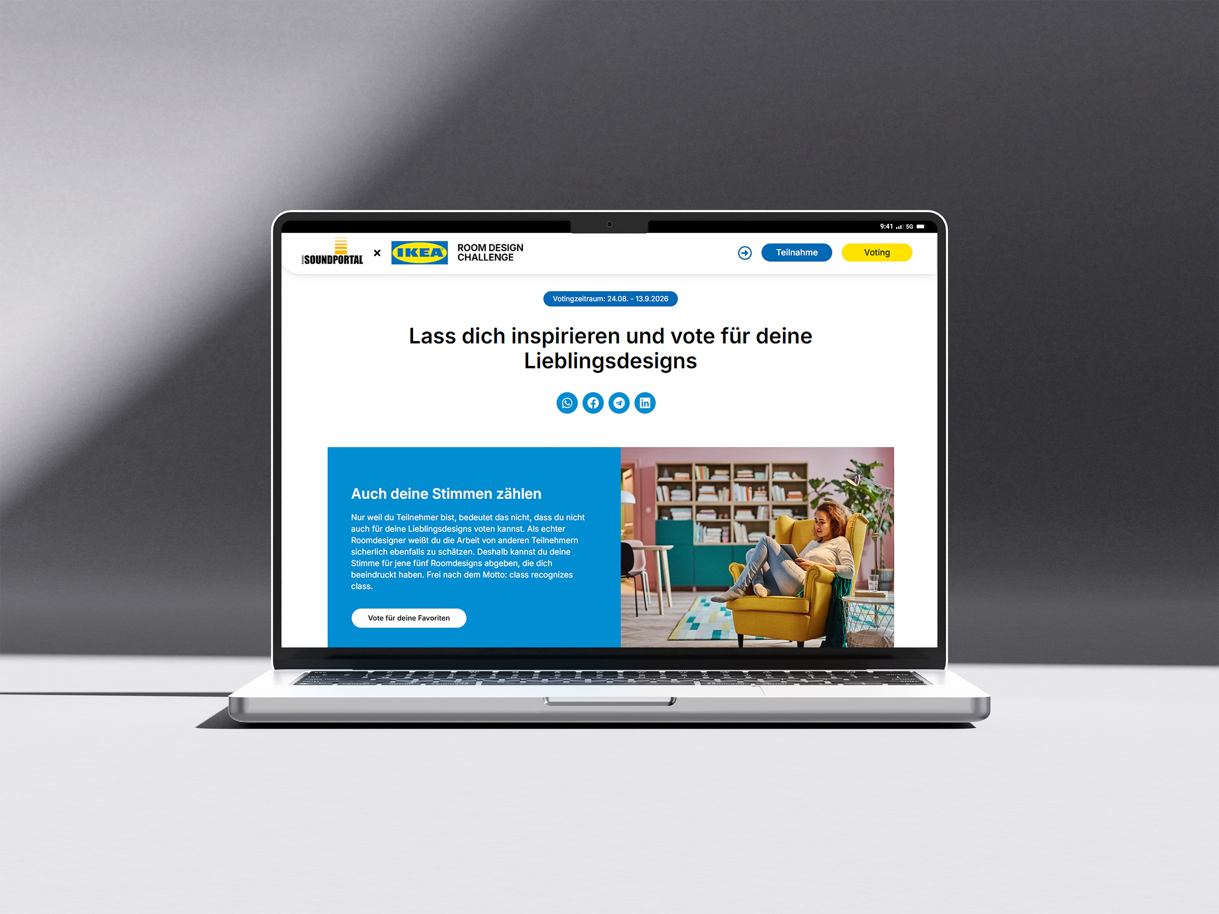 antares-advertising-referenzen-projekt-ikeaxsoundportal-mockup-laptop-auf-weisser-flaeche-zeigt-teil-der-landingpage-teilnahmeseite-voting